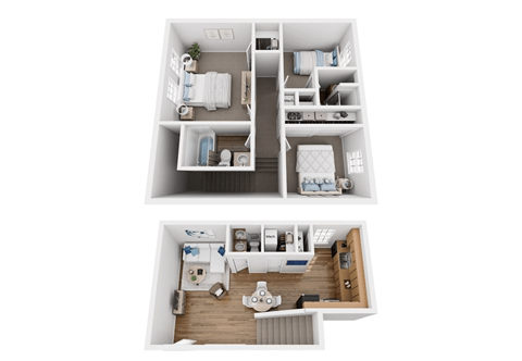 A top and bottom floor plan of a small apartment.